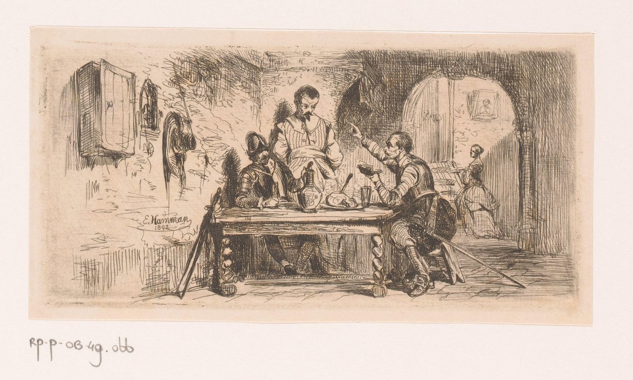 Tre soldati a un tavolo in un cortile, uno di loro legge un libro da Edouard Hamman
