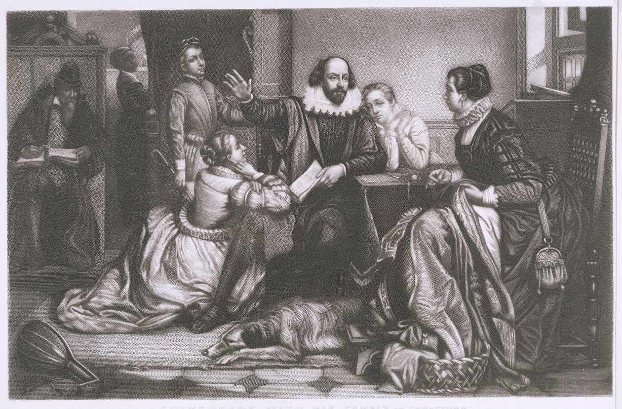 Shakespeare con la sua famiglia a Stratford, recitando la tragedia Amleto da Edouard Jean Conrad Hamman
