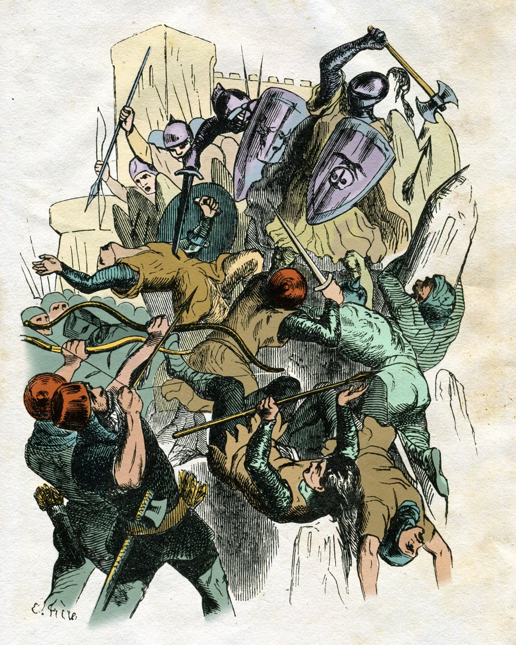 Illustrazione di Edouard Frere (1797-1874) e Theodore Lix (1830-1897) per """"Ivanhoe"""". Ivanhoe" di Walter Scott (1771-1832), scrittore scozzese: Scena di battaglia, assedio al castello. da Edouard & Lix Theodore (1830-1897) Frere