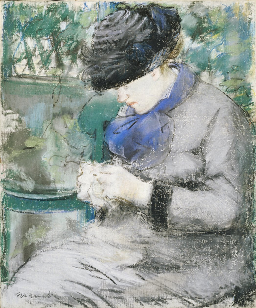 Ragazza seduta in giardino, o che lavora a maglia, 1879 da Édouard Manet