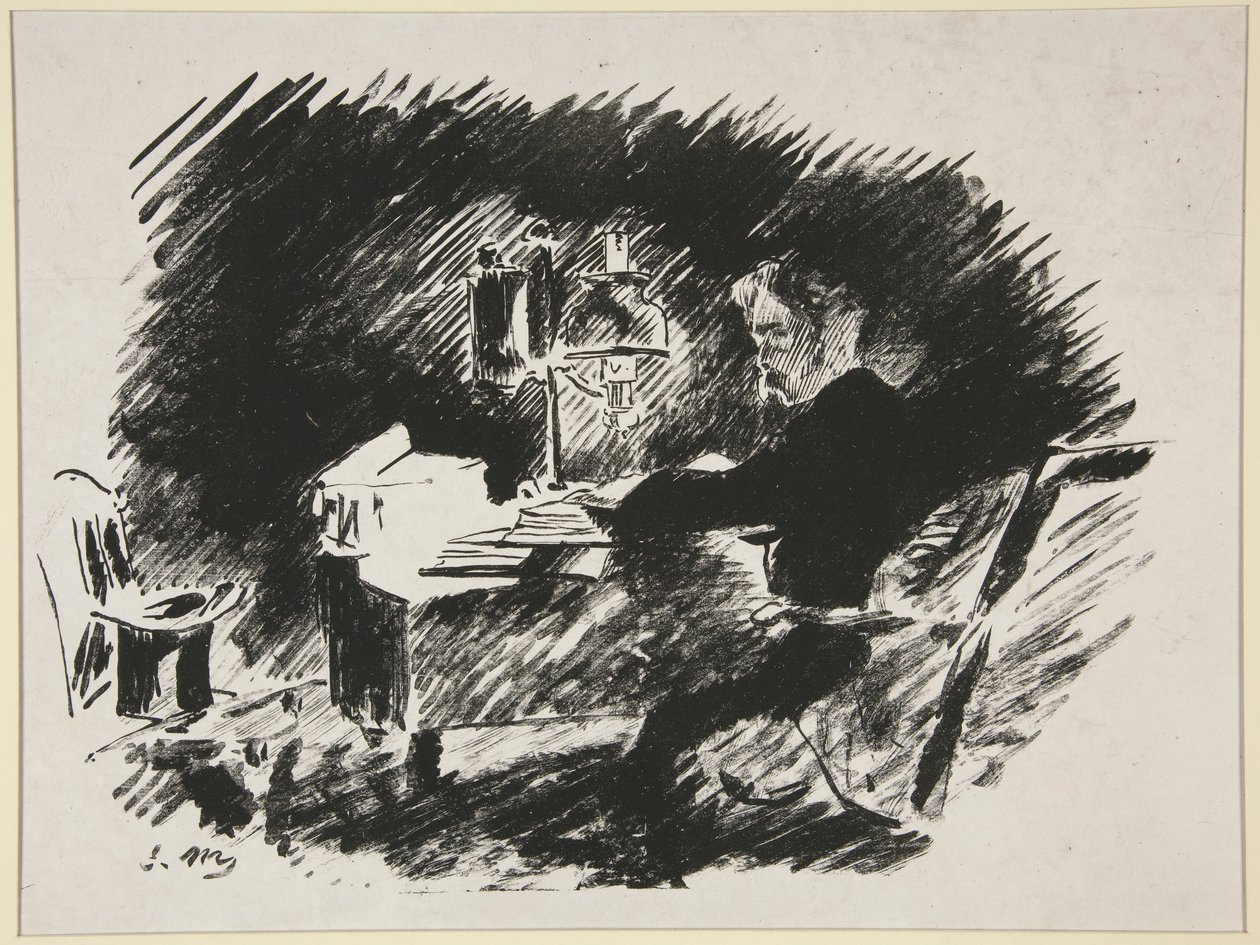Sotto la lampada, prima illustrazione della traduzione di Mallarmé di «Il corvo» di Poe da Édouard Manet