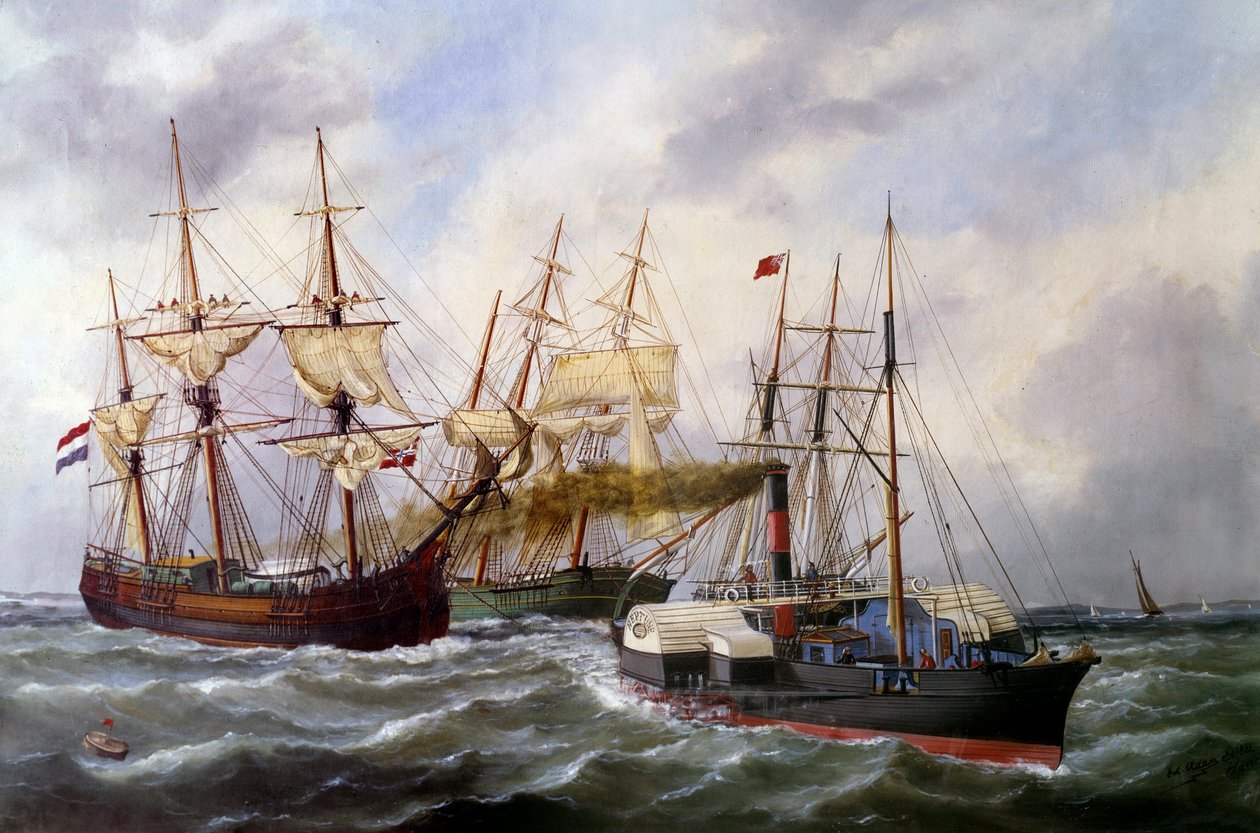 Due tre alberi rimorchiati da Le Neptune a Le Havre nel 1882. Dipinto di Edouard Adam da Edouard Marie Adam