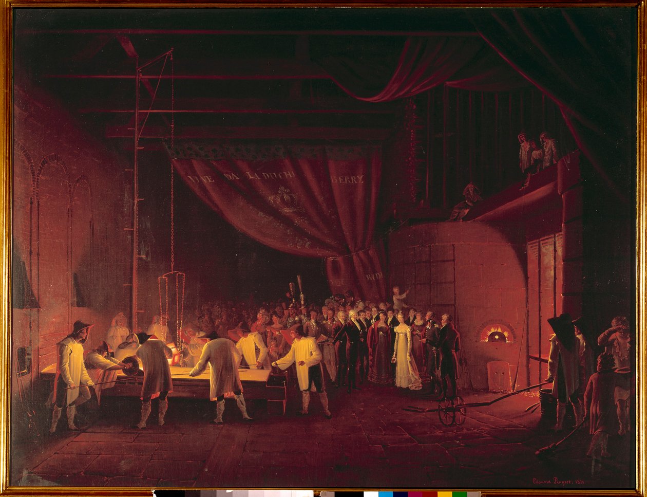 Maria Carolina di Borbone Sicilia, Duchessa di Berry (1798-1870), visita le fabbriche di Saint Gobain nel 1822 I lavoratori realizzano una colata di vetro. Dipinto di Édouard Pingret (1788-1875) 1824 Collezione privata da Edouard Pingret