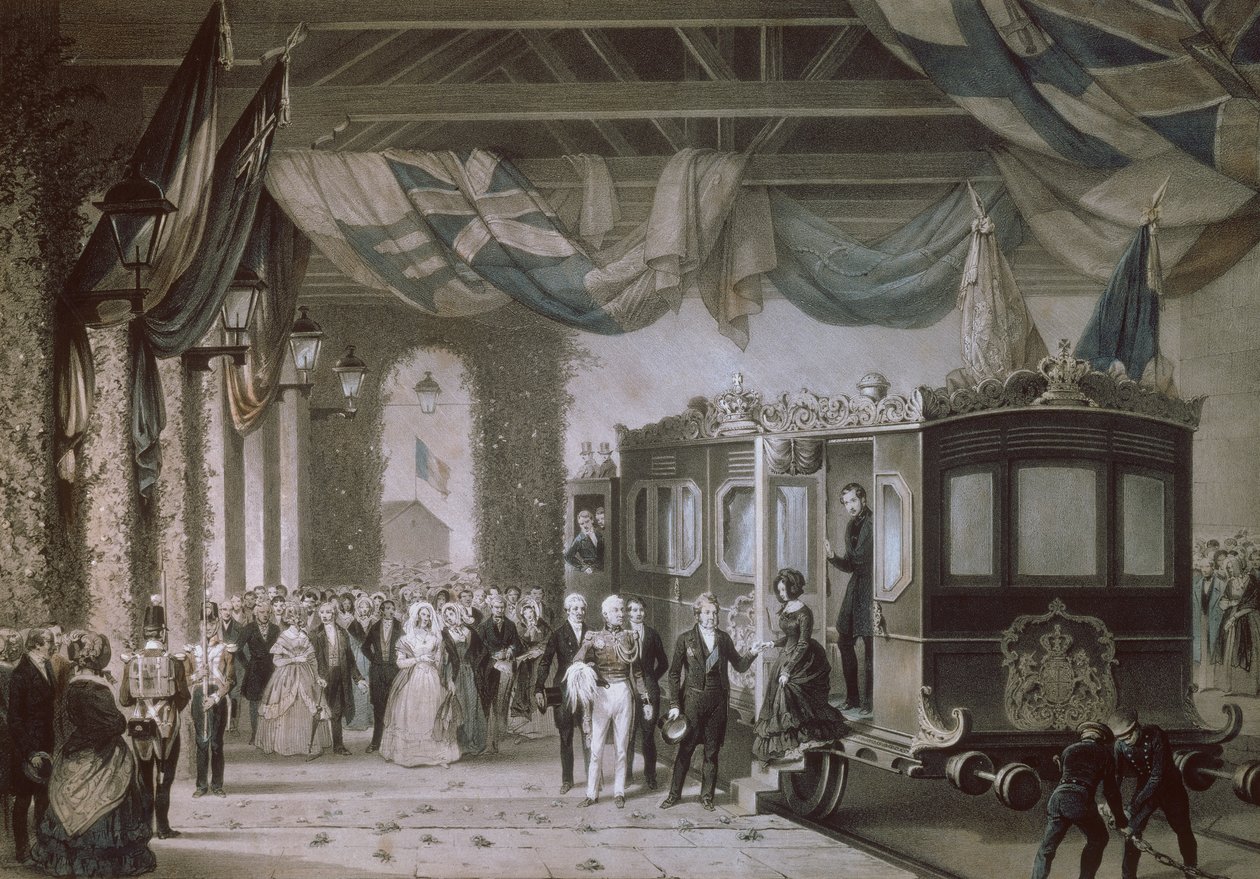 La regina Vittoria (1819-1901) e il principe Alberto (1819-61) arrivano alla stazione di Gosport, Hampshire, inciso da Bayot & Cuvilier, 1846 da Edouard Pingret