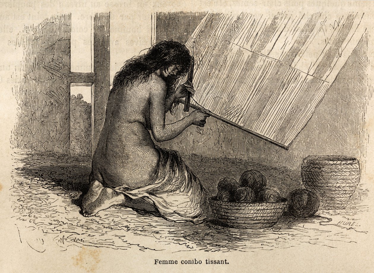 Un indiano Conibo del Perù che tesse, disegno di Riou per illustrare il viaggio, dal 1848 al 1860, di P. Marcoy, dall