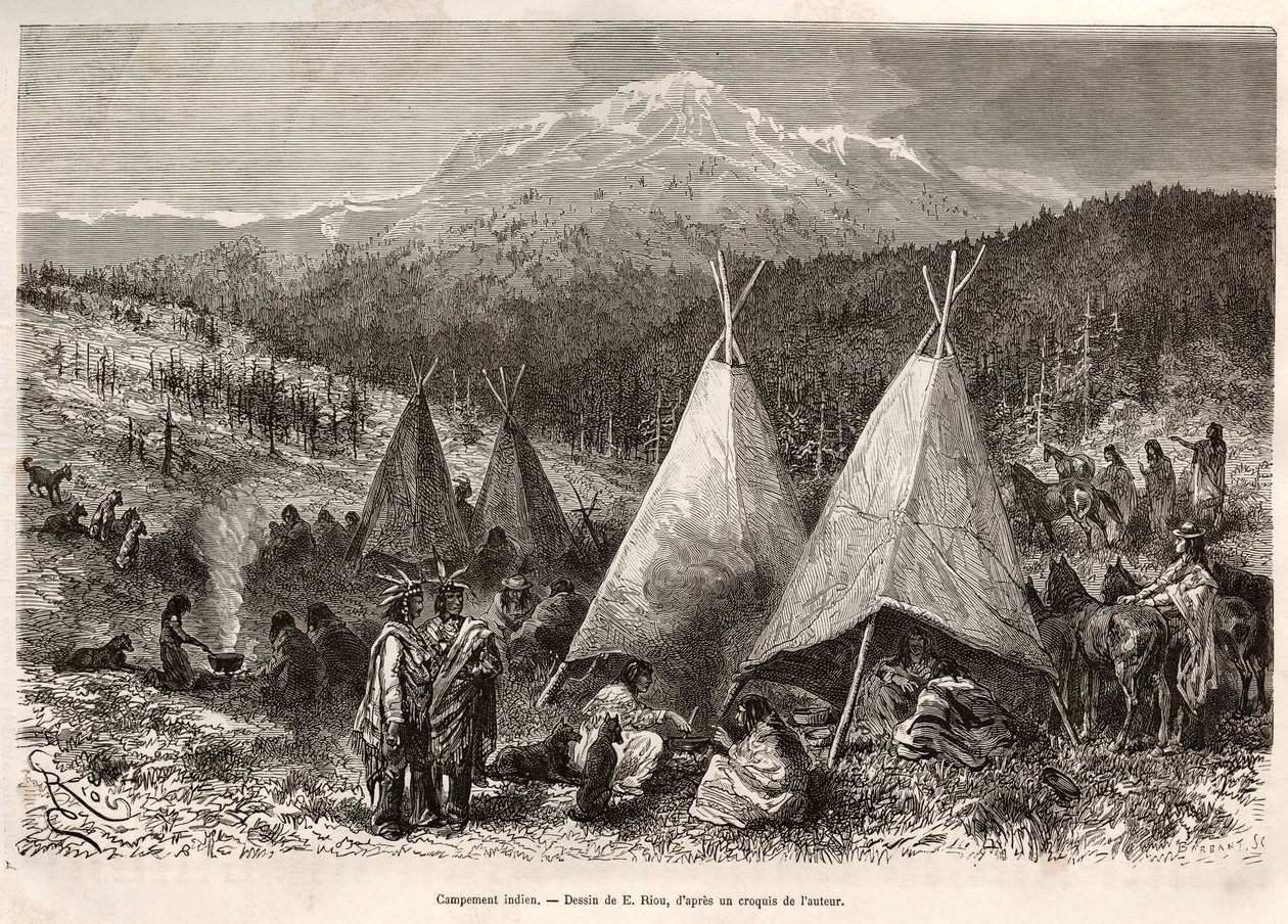 Un campo indiano, nel territorio dello Utah, sulle rive del Riviere Verte. Incisione dal disegno di E. Riou, per illustrare la storia La conquête blanche, di William Hepworth Dixon, nel 1875, pubblicato in "Le tour du monde" 1876, a cura di Edouard Charton da Edouard Riou