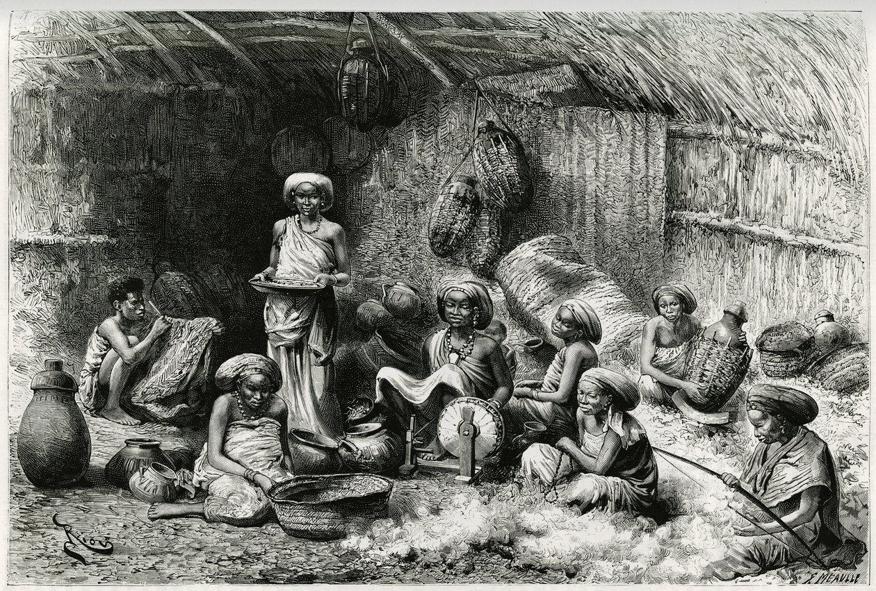 Un pomeriggio dalla favorita dello sceicco dei Gobrons, attività femminili: ricamo e filatura della lana, vimini e ceramica. Incisione di Riou, per illustrare il racconto “Viaggio tra i Benadir, i somali e i Bayoun”, nel 1882-1883, di Georges Rev da Edouard Riou