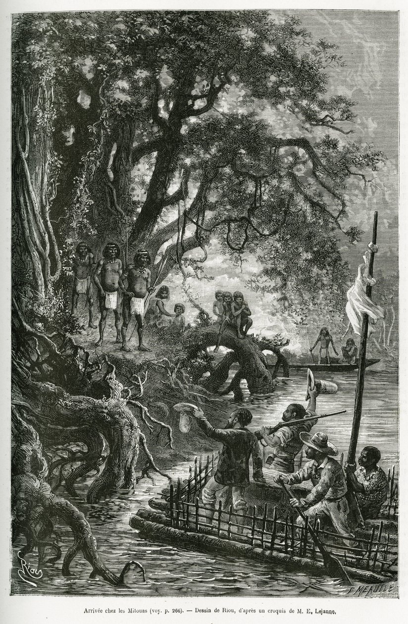 Arrivo della zattera del Dr. Crevaux e E. Lejeanne, sulle rive che costeggiano il villaggio di Mitouas. Incisione di Riou, per illustrare il viaggio di esplorazione attraverso la Nuova Granada e il Venezuela, del Dottor Crevaux, medico di prima classe dell da Edouard Riou