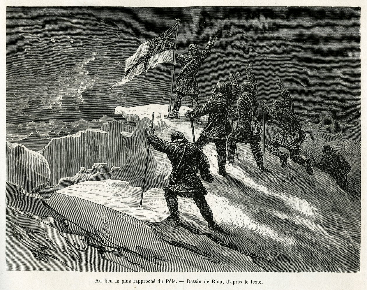 Il Capitano George Strong Nares (1831-1915) piantò la bandiera britannica nel punto più vicino al polo, disegno di Riou, per illustrare la storia di un viaggio al mare polare nel 1875-1876, del Capitano G. S. Nares. Incisione in Le tour du monde. da Edouard Riou