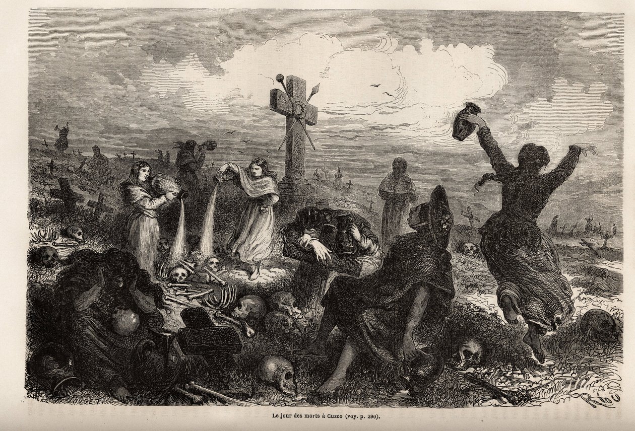 Celebrazione della festa dei morti a Cuzco, disegno di Riou, per illustrare il viaggio di Paul Marcoy attraverso il Sud America dal 1848 al 1860. Incisione in "Le tour du monde", a cura di Edouard Charton. da Edouard Riou