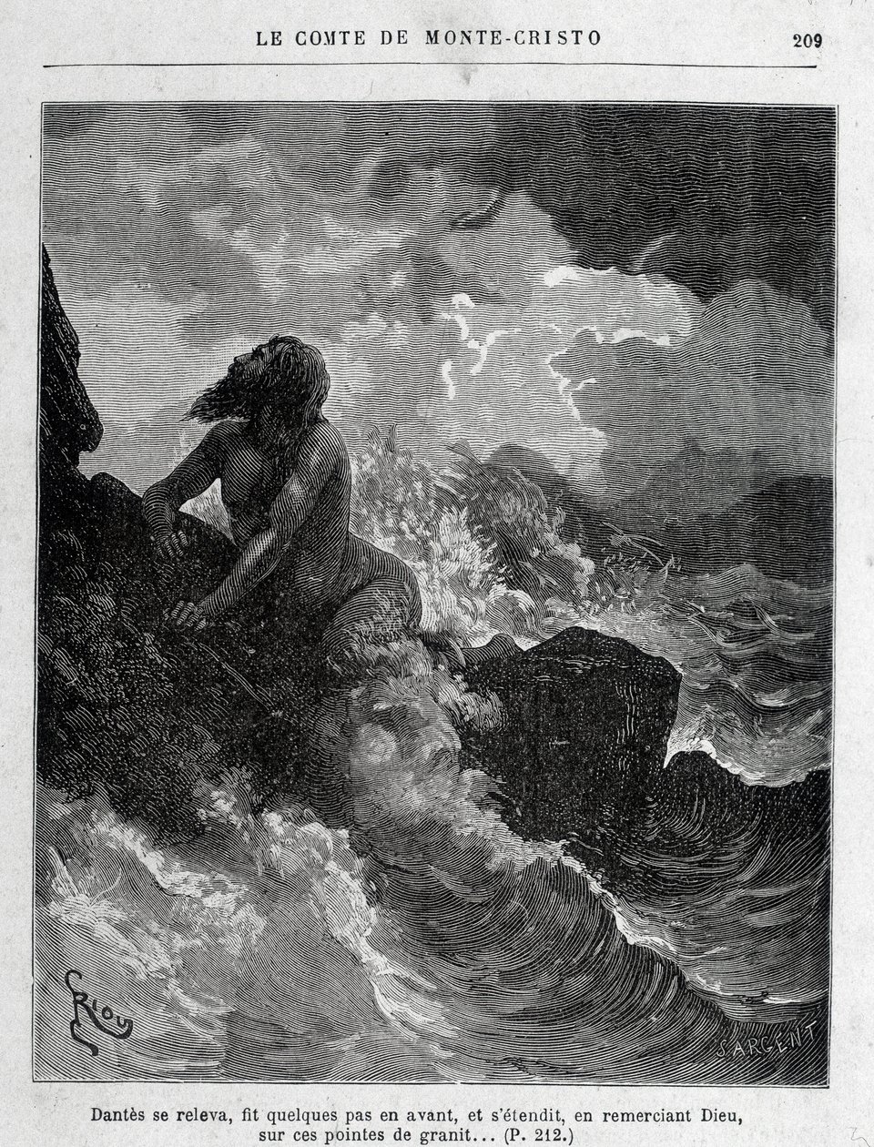 Dantès evaso a nuoto - Incisione di Riou, in "Il Conte di Montecristo" di A. Dumas, ed. Jules Rouff & Cie da Edouard Riou