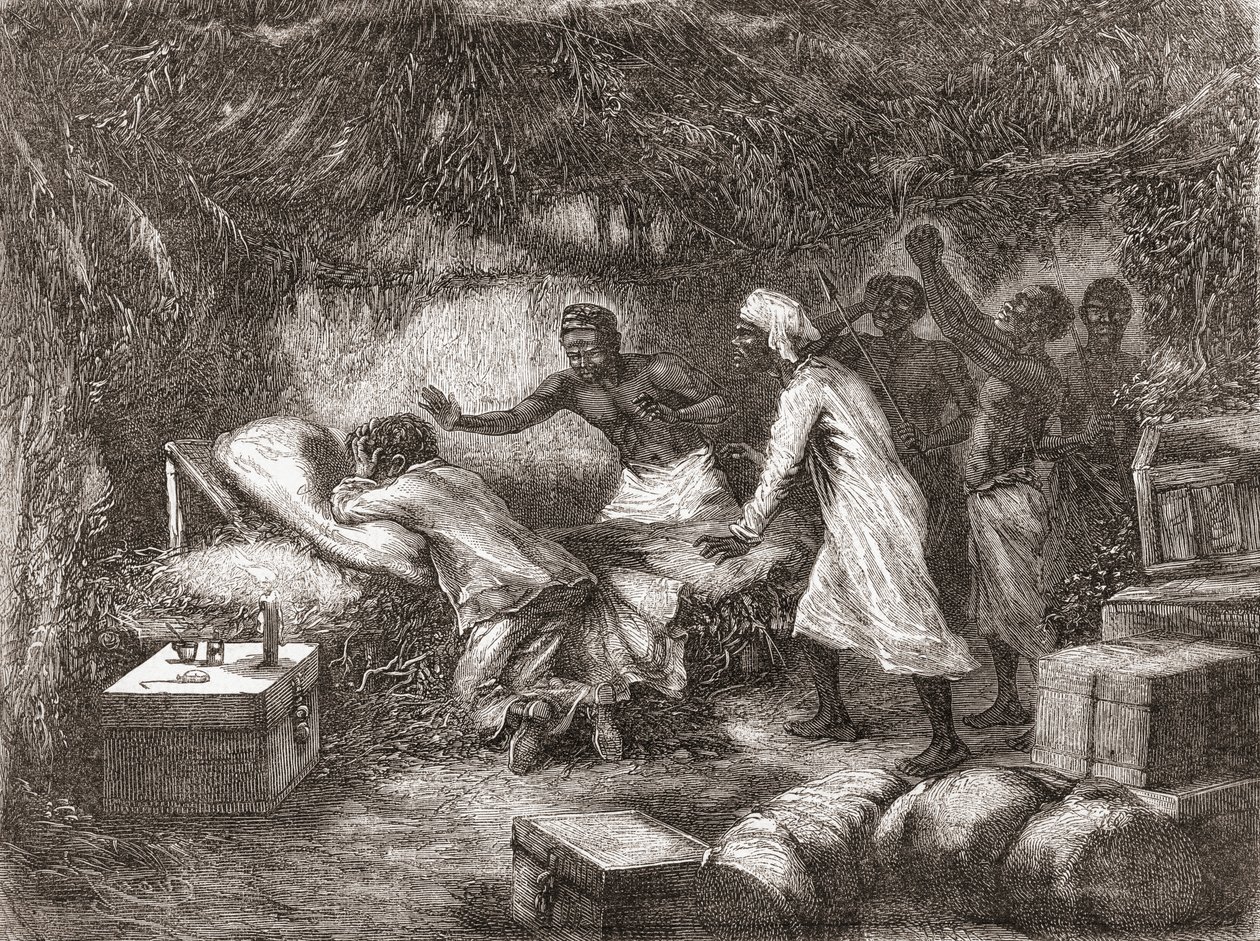 Morte del Dr. Livingstone nel villaggio di Tchitammbo, Africa, nel 1873, illustrazione da "Il mondo nelle mani", pubblicato nel 1878 da Edouard Riou