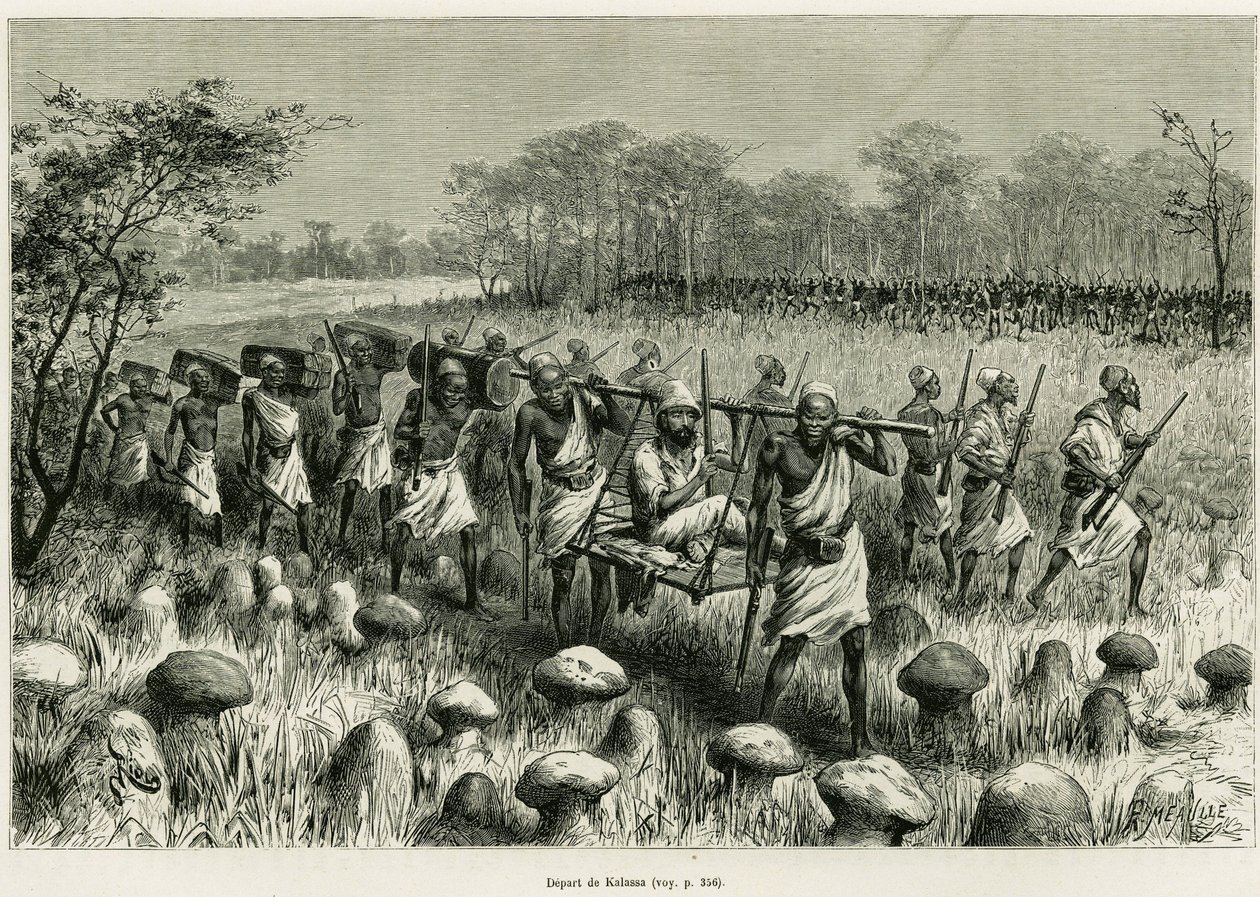 Abreise aus Kalassa, der Erzähler in seinem Stuhl mit Trägern. Gravur von Riou zur Illustration der Geschichte Les lacs de l