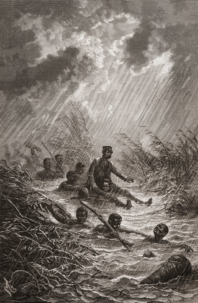 Il dottor David Livingstone trasportato attraverso una palude dai portatori durante la sua spedizione in Africa nel 1872, illustrazione da "Il mondo nelle mani", inciso da Charles Laplante da Edouard Riou