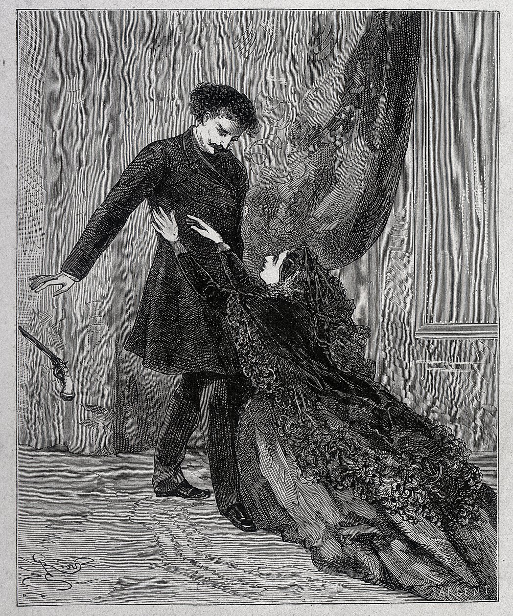 Edmond Dantès e Mercedes - Incisione di Riou, in 