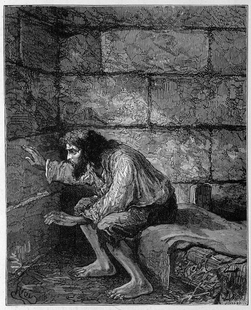 Edmond Dantès, il Conte di Montecristo nella sua prigione - Incisione di Riou, in "Il Conte di Montecristo" di Alexandre Dumas, Rouff & Cie da Edouard Riou