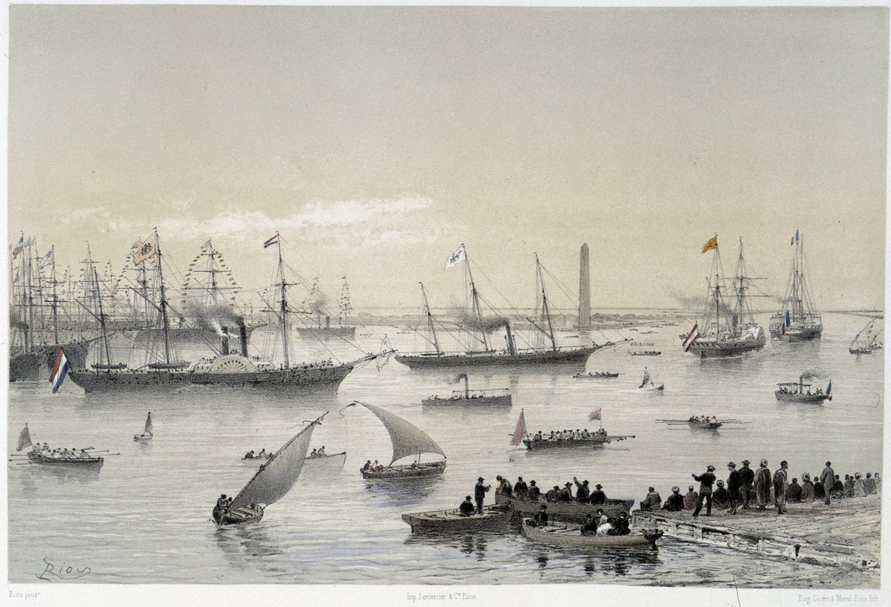 Ingresso del Sovrano nel Canale di Suez a Port Said in "Inaugurazione del Canale di Suez" di G. Nicole. 1869 da Edouard Riou
