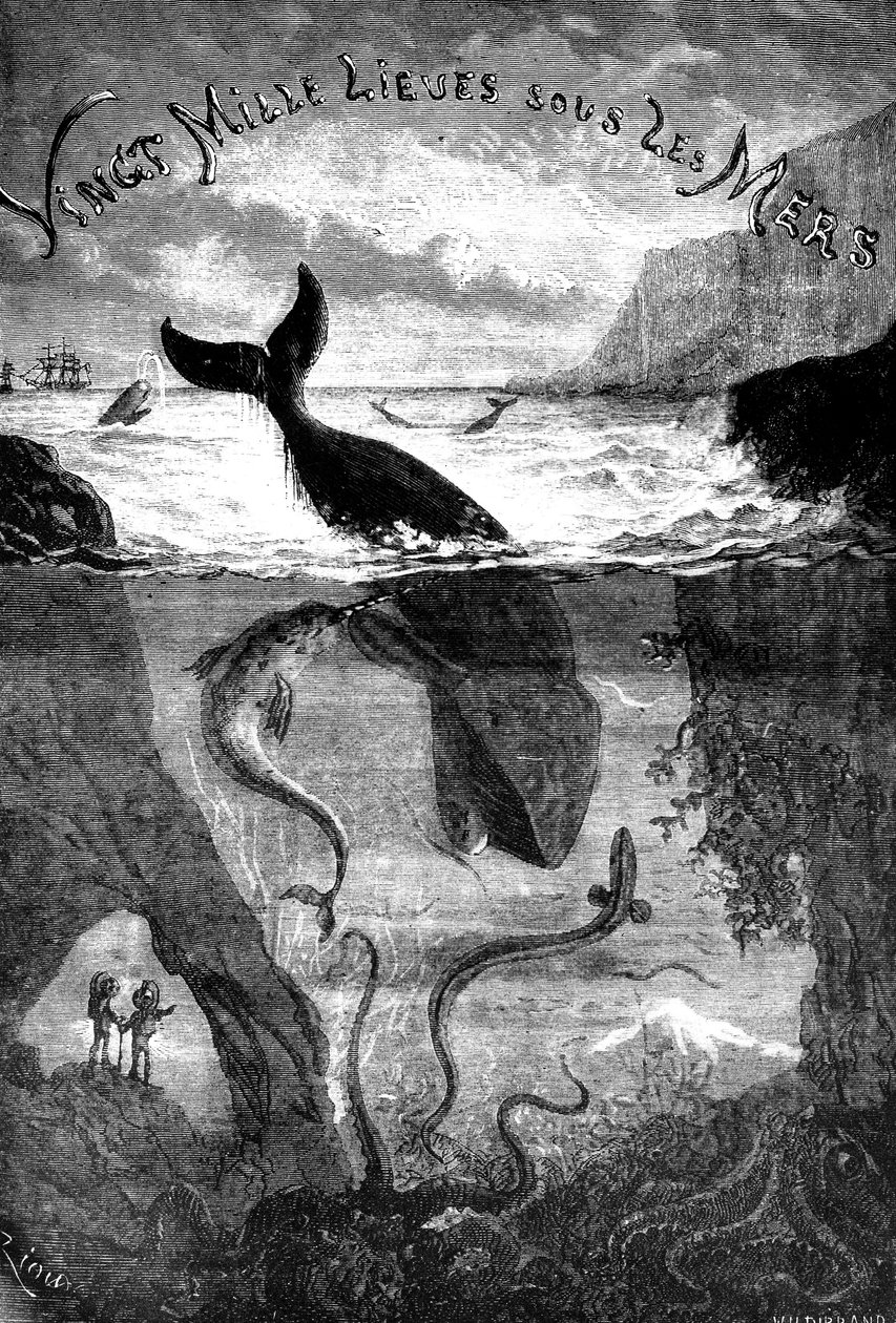 Frontespizio per il romanzo di Jules Verne 20.000 leghe sotto i mari da Edouard Riou