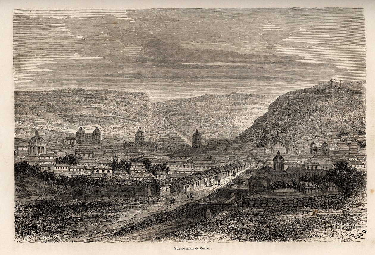 Veduta generale di Cusco, antica capitale degli Incas, disegno di Riou, per illustrare il viaggio di Paul Marcoy attraverso il Sud America dal 1848 al 1860. Incisione in 