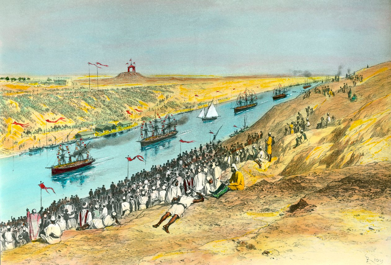 Inaugurazione del Canale di Suez Il canale fu creato per collegare il Mar Rosso al Mar Mediterraneo. Illustrazione di Edouard Riou (1869) Collezione privata da Edouard Riou