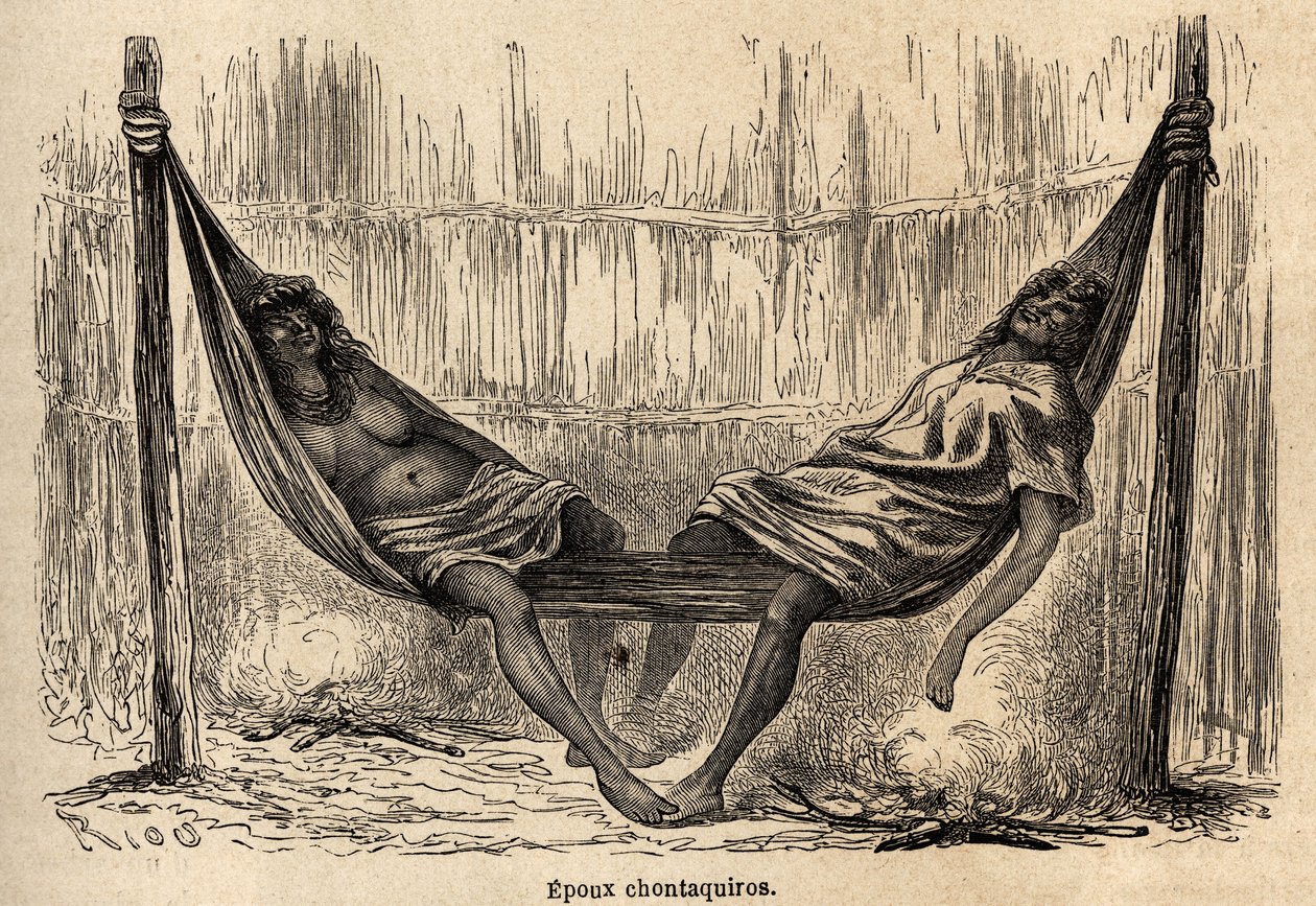 Mariti indiani Chontaquiros del Perù che dormono nella loro amaca nuziale da Edouard Riou