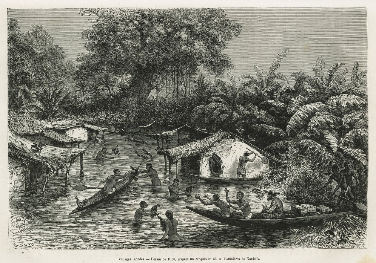 Villaggi inondati, disegno di Riou, per illustrare la storia di un viaggio in Gabon e sul fiume Ogoué nel 1875-1877, di Alfred Marche. Incisione in Le tour du monde. da Edouard Riou