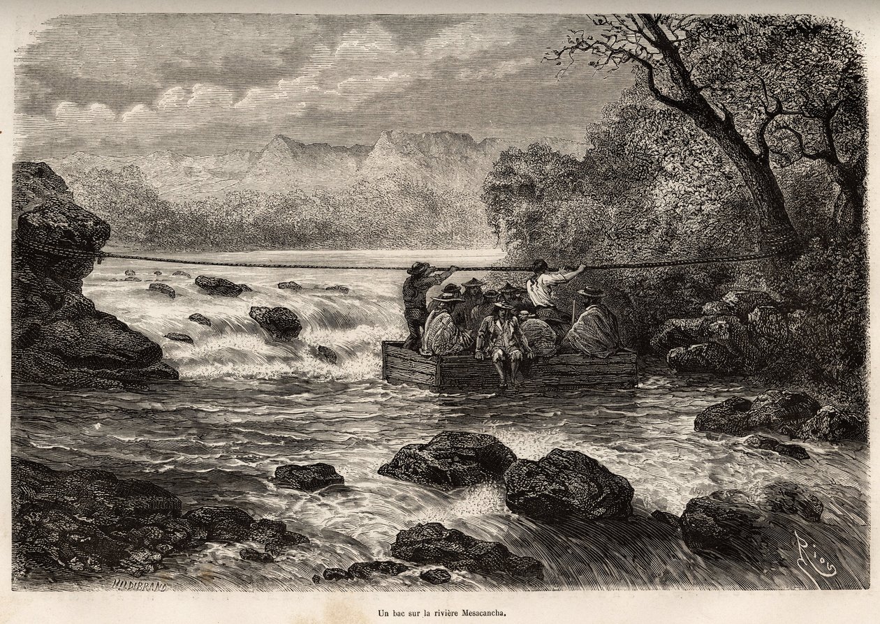 La traversata con il traghetto del fiume Mesacancha (Basso Perù), incisione di E.Riou illustrante il viaggio nelle montagne, la valle di Huarancalqui e le regioni di Pjonal, dal 1862 al 1863, di Paul Marcoy, pubblicato in "Le tour du monde" 1875 da Edouard Riou