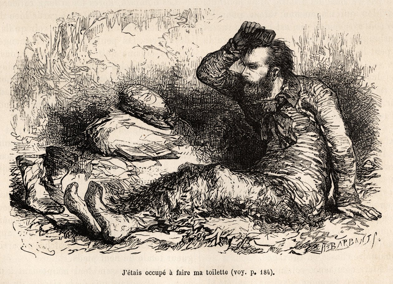 Il tenente Tyson occupato nella sua toilette mattutina, un pettine prima di indossare gli stivali, inciso dopo un disegno di E.Riou, illustrando la storia della Polaris, zattera di ghiaccio, del tenente Tyson, nel 1870-1873, pubblicato in 
