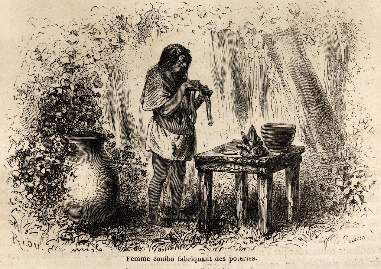 Fabbricazione di ceramiche da parte di un indiano Conibo del Perù, disegno di Riou per illustrare il viaggio, dal 1848 al 1860, di P. Marcoy, dall