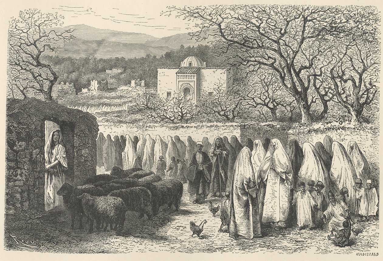 Marabout e processione: Tlemcen, inciso da Henri Theophile Hildibrand (1824-97) da Edouard Riou