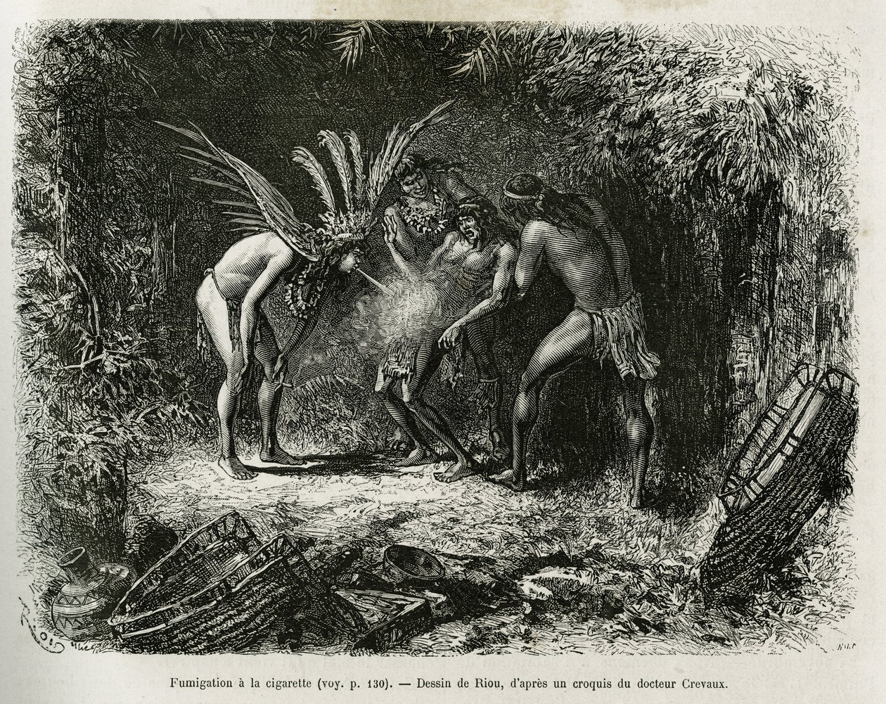 Fumigazione medica con sigarette negli indiani Roucouyan. Incisione di Riou, per illustrare la storia di Cayenne aux Andes, di Jules Crevaux, medico della marina francese, nel 1878-1879, pubblicato nel Tour du monde, sotto la direzione di Edouard Charton da Edouard Riou
