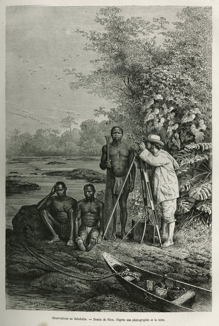 Osservazione al teodolite, Dr. Crevaux con i suoi strumenti di misurazione e il suo team di guide e portatori, in piena sessione di lavoro, incisione da un disegno di Riou, per illustrare la storia De Cayenne aux Andes, di Jules Crevaux, medico della marin da Edouard Riou