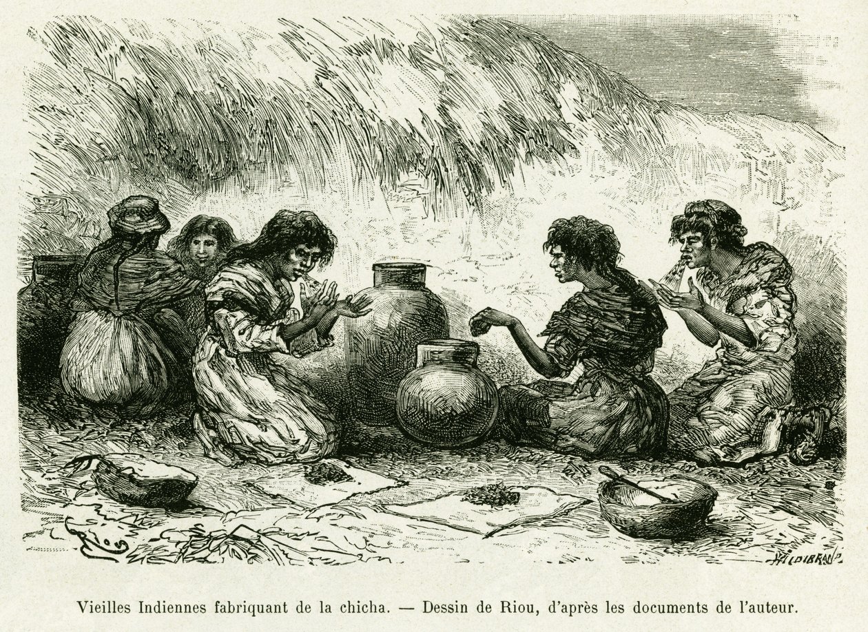 Vecchie donne indiane che fanno shisha. Incisione di Riou, per illustrare la storia Voyage dans le delta du Pilcomayo et de Buenos Aires a Sucre da Edouard Riou
