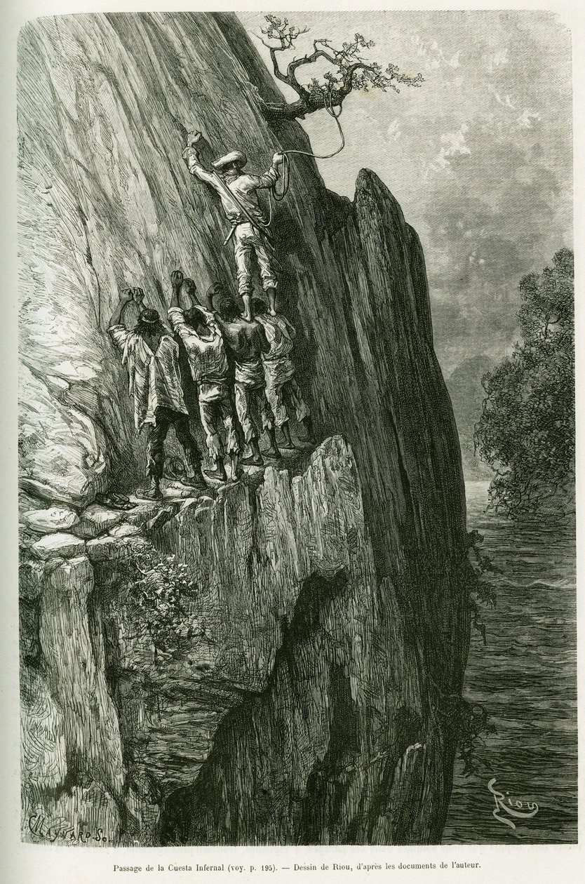 Passaggio della Cuesta Infernal. Incisione di Riou, per illustrare la storia Voyage dans le delta du Pilcomayo et de Buenos Aires a Sucre da Edouard Riou