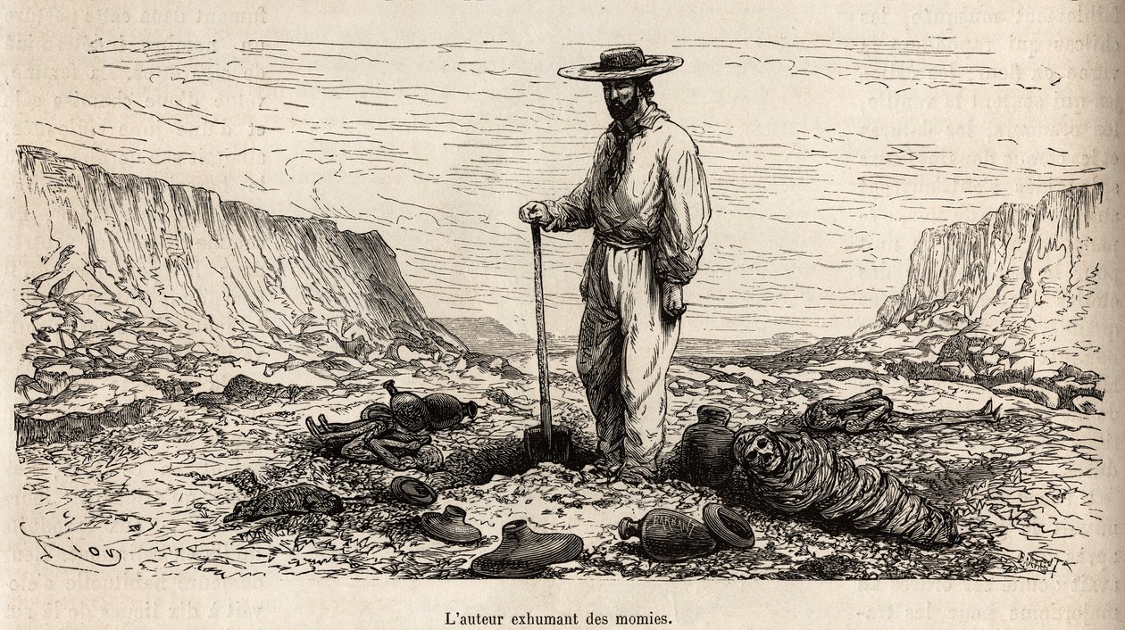 Paul Marcoy esumando mummie Inca (Basso Perù), incisione di E.Riou illustrante il viaggio nelle montagne, la valle di Huarancalqui e le regioni di Pjonal, dal 1862 al 1863, di Paul Marcoy, pubblicato in "Le tour du monde" 1875, a cura di Edouard Charton da Edouard Riou