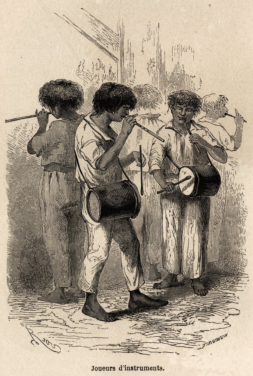Suonatori di strumenti musicali a Sarayacu (Perù), disegno di Riou, per illustrare il viaggio di Paul Marcoy dall