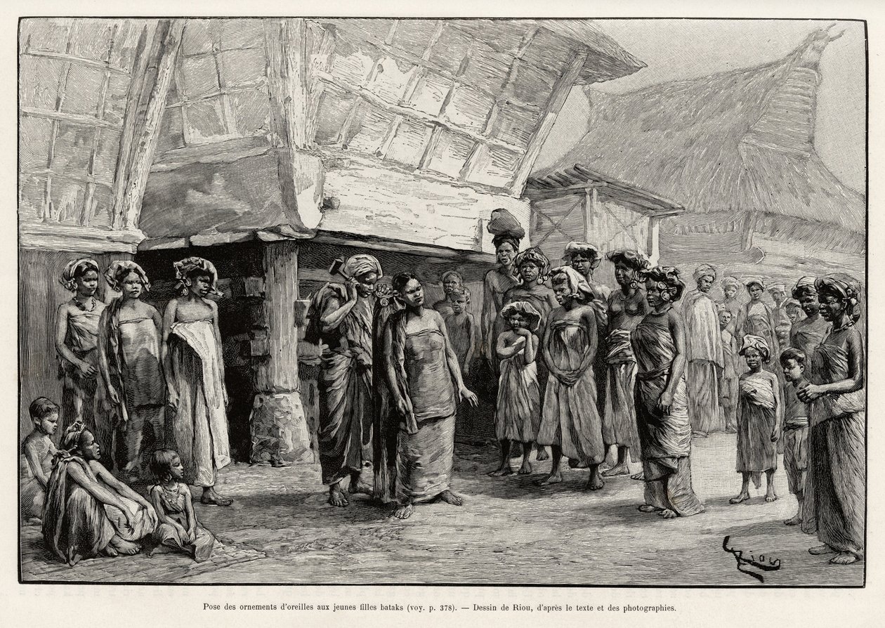 Giocare con ornamenti auricolari per ragazze Batak, gruppo etnico del nord di Sumatra. Incisione di Riou per illustrare la storia "un anno in Malesia", di Jules Claine (1856-1939) da Edouard Riou