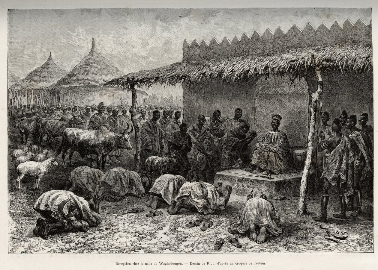 Ricevimento presso il naba Sanem, dal regno Mossi (o Mosse) di Waghadougou (Ouagadougou, Burkina Faso) (incisione) da Edouard Riou