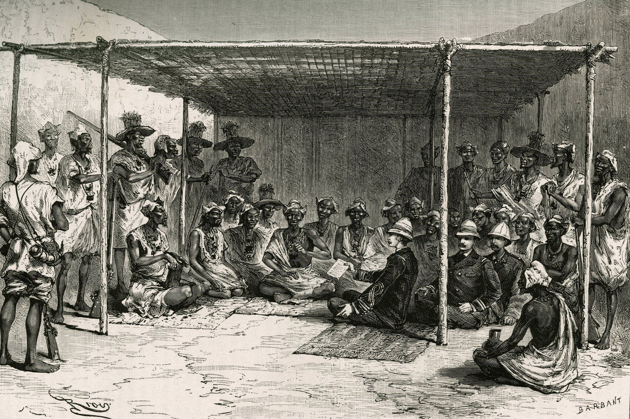 Firma del trattato che ha posto il paese di Kita (ex Sudan francese, attuale Mali) sotto il protettorato della Francia il 25 aprile 1880 tra il Comandante Joseph Gallieni (1849-1916) e Tokontan Keita. Incisione di Riou, basata su uno schizzo dell