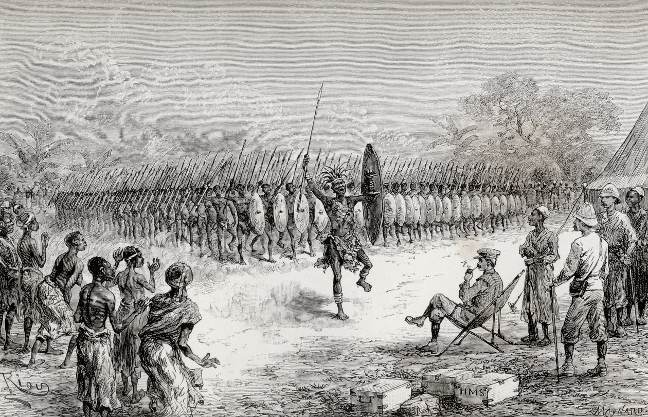 Sir Henry Morton Stanley che osserva una danza falange dai guerrieri di Mazamboni a Usiri, 1890 (incisione su legno) da Edouard Riou