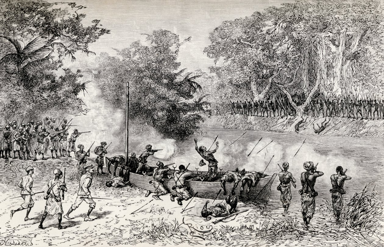 La spedizione di soccorso di Emin Pasha di Sir Henry Morton Stanley attaccata dai cannibali Avisibba con frecce avvelenate, 1890 da Edouard Riou