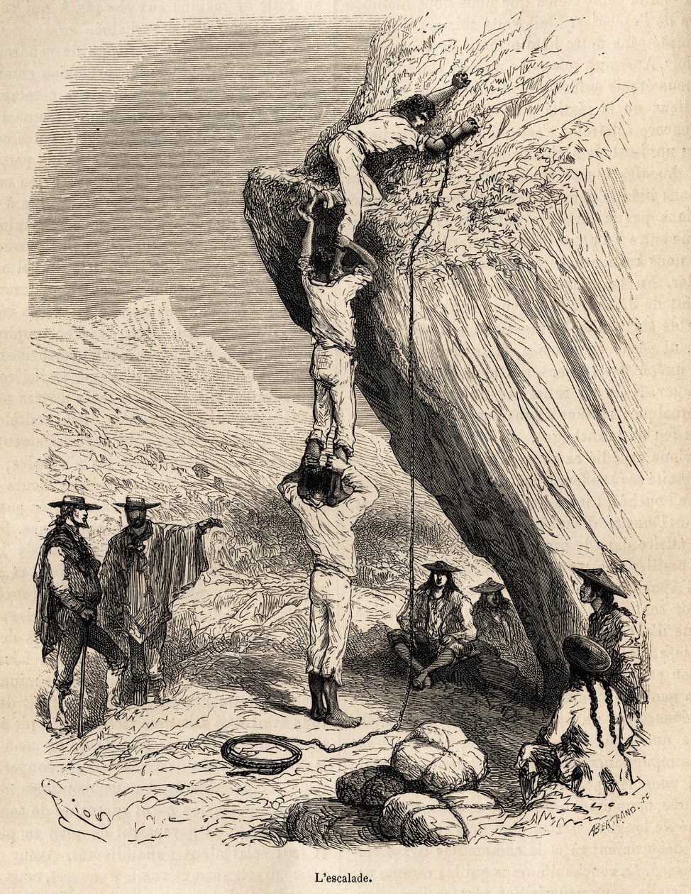La salita delle cime delle Ande da parte della spedizione Marcoy richiede i mezzi più acrobatici: qui, per scalare un picco roccioso, gli indiani si arrampicano sulle spalle l