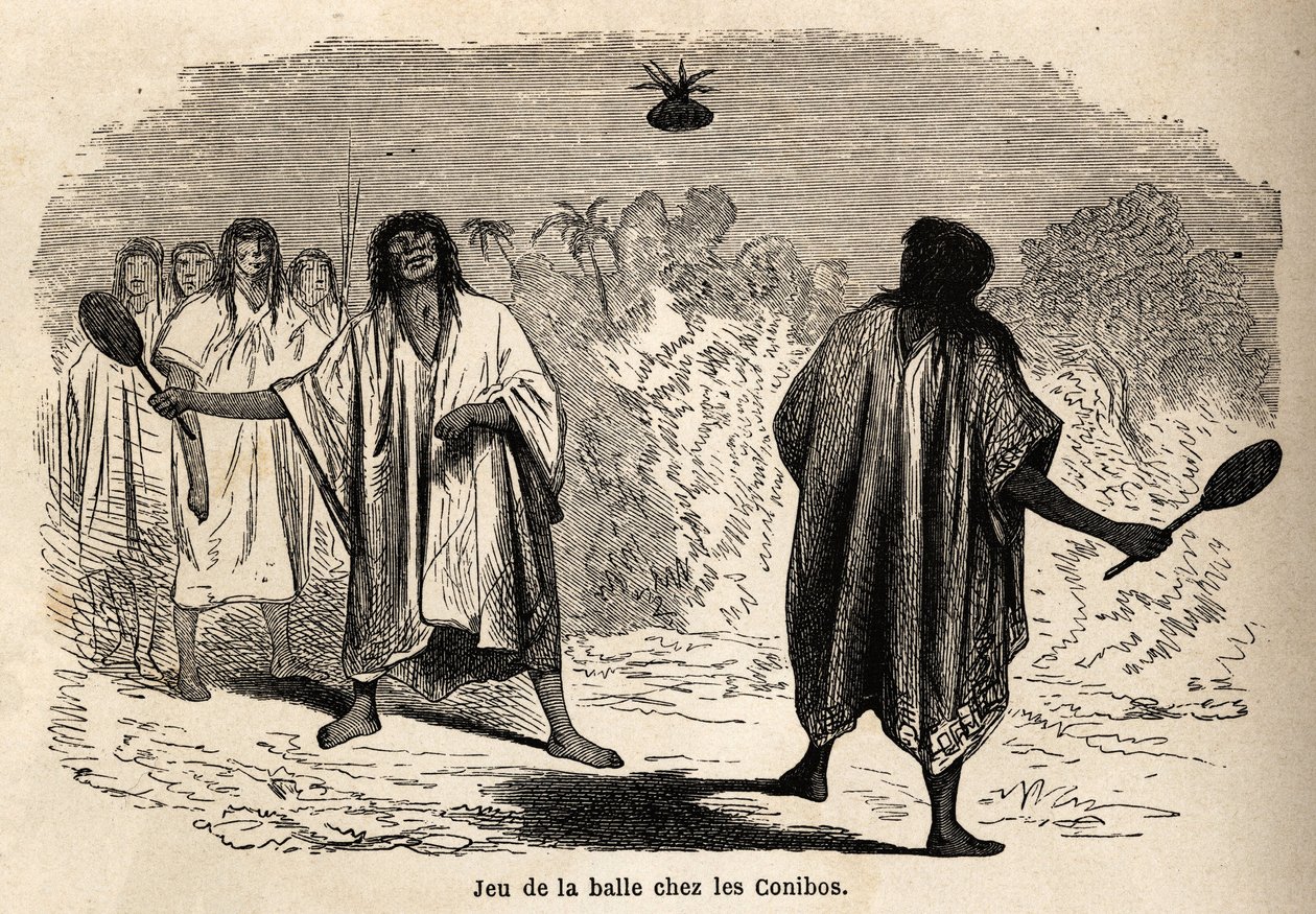 Il gioco della palla, tra gli indiani conibos del Perù. Disegno di Riou per illustrare il viaggio, dal 1848 al 1860, di P. Marcoy, dall