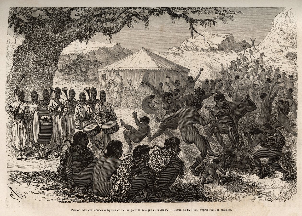 La banda della spedizione attira le donne e i bambini del villaggio di Fatiko (Repubblica Centrafricana), incisione per illustrare una spedizione in Africa Centrale da Edouard Riou
