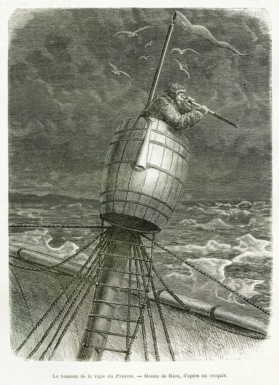 Il barile della guardia della barca Proven, disegno di Riou, per illustrare la storia del professor Nils Adolf Erik (Eric) Baron Nordenskjold (Nordenskiold) (1832-1901): spedizione polare svedese, nel 1875. Incisione in Le tour du monde da Edouard Riou