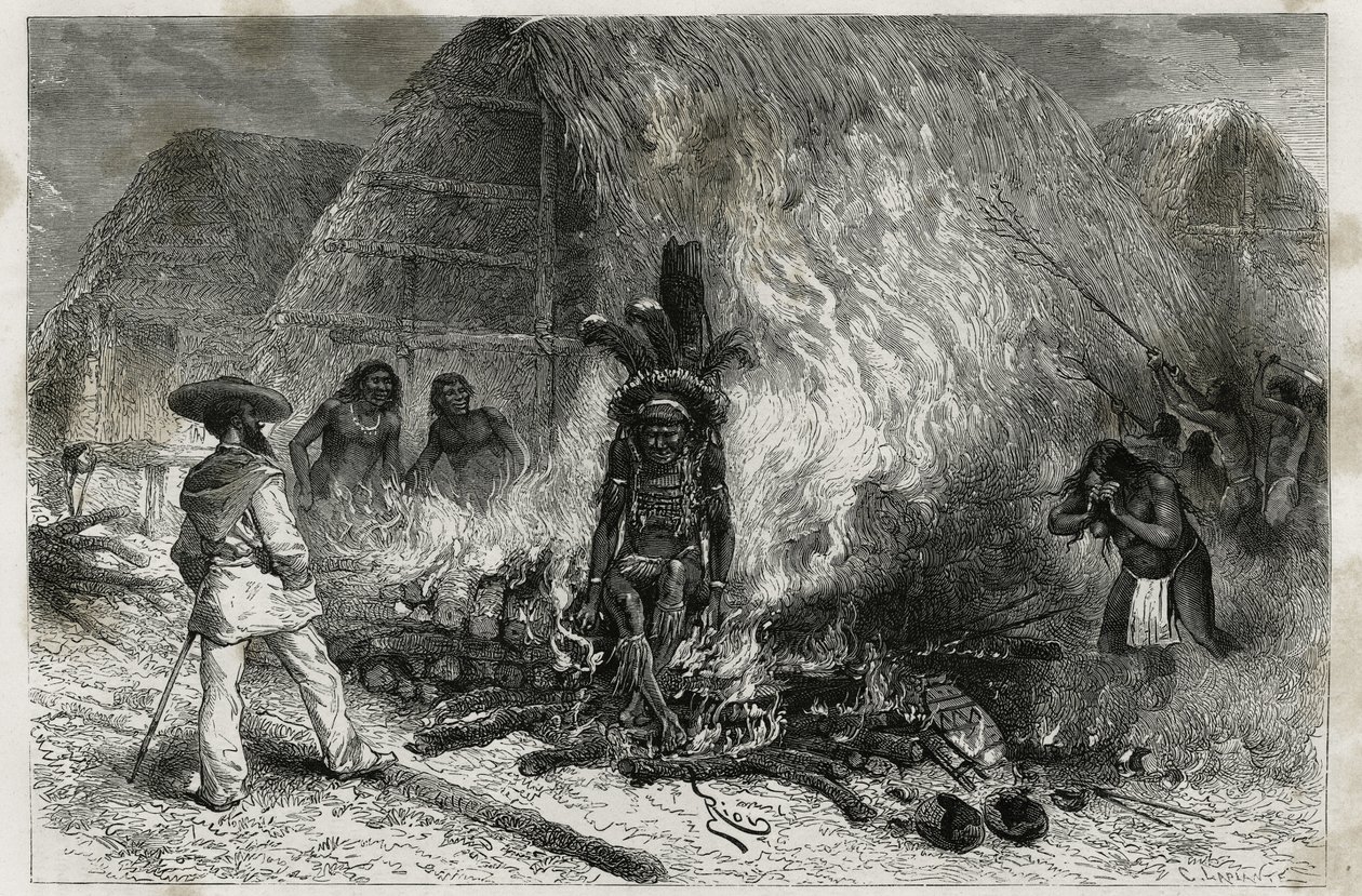 La cremazione di un Roucouyenne (o wayana), tribù che vive lungo i fiumi Mana e Maroni, di fronte al rogo, Dr. Crevaux, incisione di Riou, per illustrare il viaggio di esplorazione nell