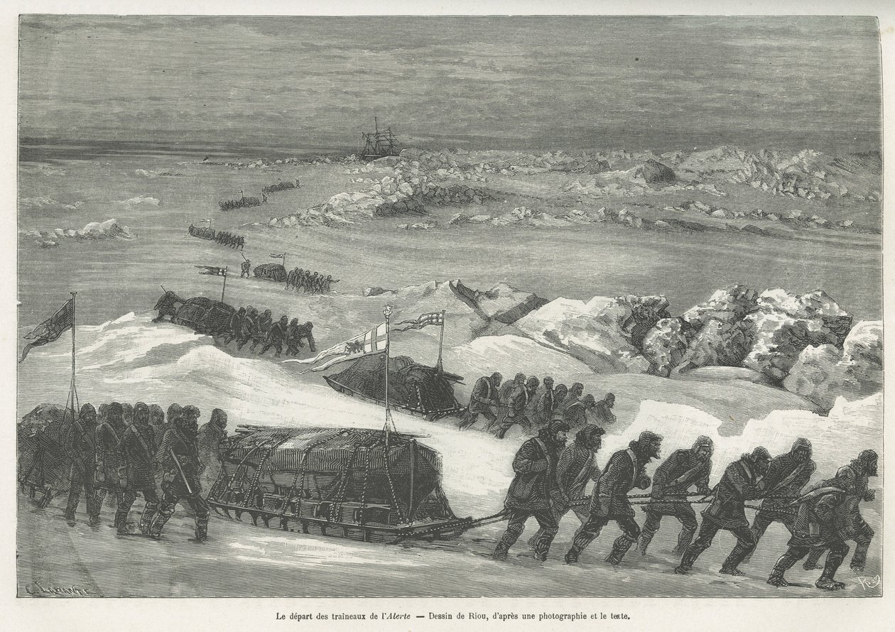 La partenza delle slitte Alert, nave della spedizione polare, disegno di Riou, per illustrare la storia di un viaggio al mare polare nel 1875-1876, del Capitano G.S.Nares. Incisione in Le tour du monde da Edouard Riou