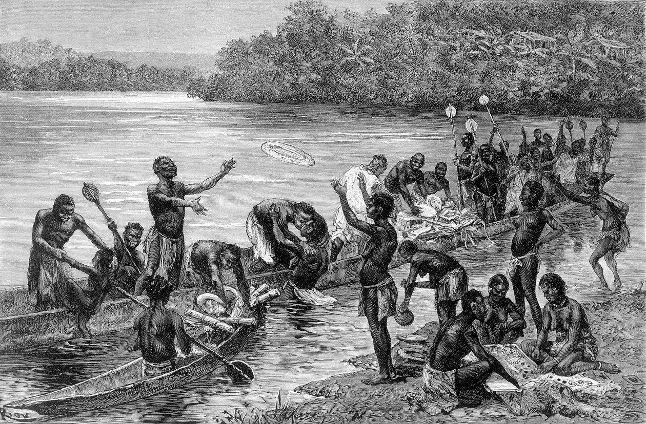 Le diverse attività della tribù del villaggio di Adouma in Africa. In "Viaggio nell