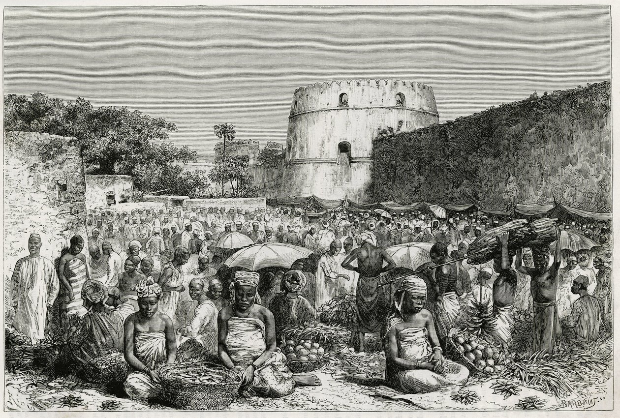 Il mercato della frutta di Zanzibar (Tanzania) da Edouard Riou