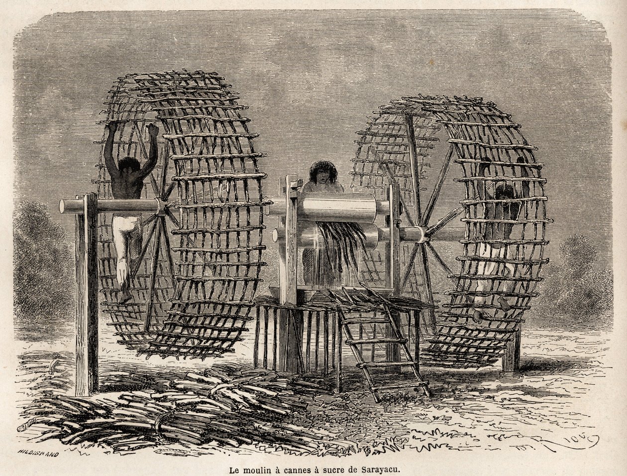 Il mulino per macinare la canna da zucchero di Sarayacu (Perù), disegno di Riou per illustrare il viaggio di Paul Marcoy dall